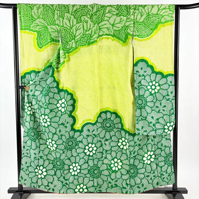 振袖 身丈156.5cm 裄丈64cm M 袷 花 総絞り 染め分け 黄緑色 正絹 秀品