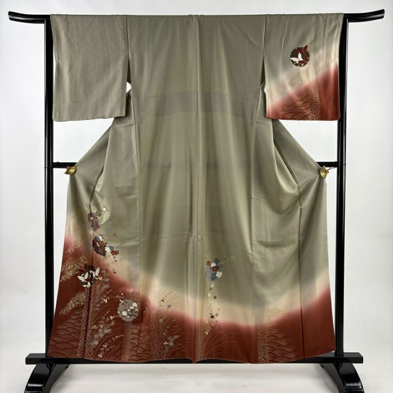 訪問着 身丈159cm 裄丈64cm M 袷 雪輪 花蝶 金彩 染め分け 灰緑 正絹