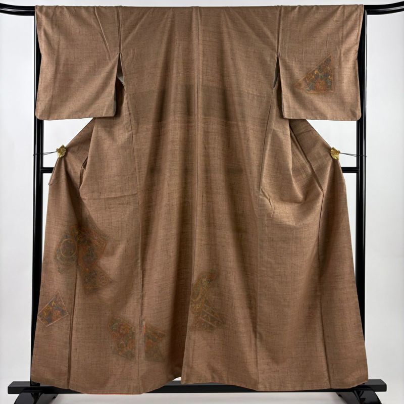 お値下げ　紬　着物　茶色　未着用　正絹　おしゃれ着 美品】 付下げ 身丈158cm 裄丈66cm M 袷 紬地 草花 鳥 刺繍 茶色 正絹