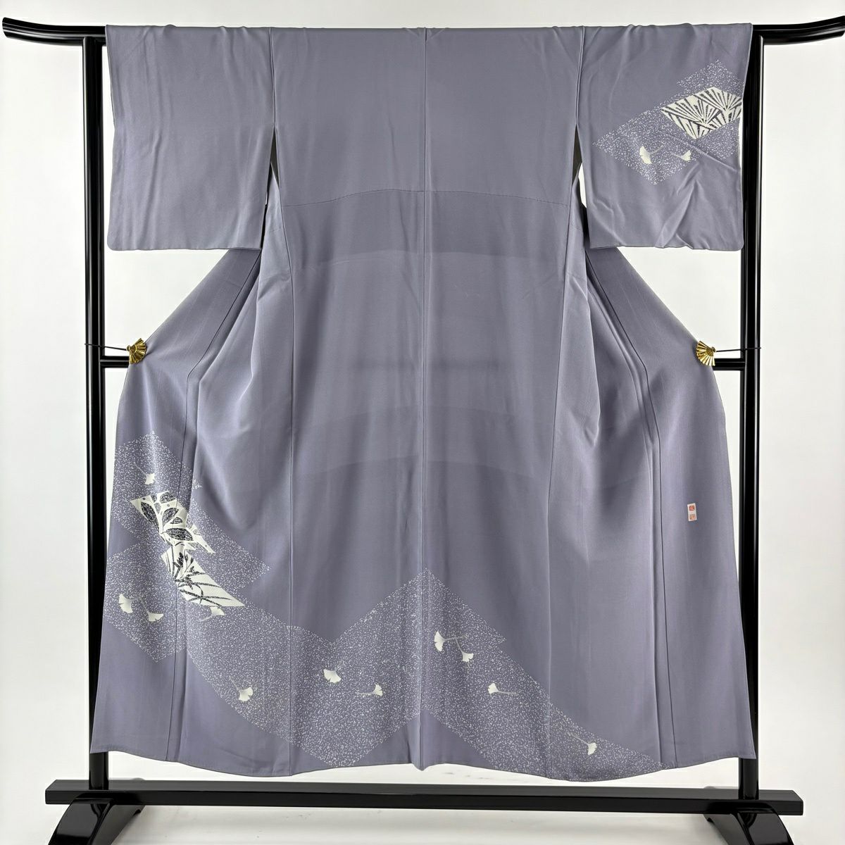 訪問着 身丈157cm 裄丈64cm M 袷 牡丹 短冊 金彩 灰紫 正絹 秀品 一つ
