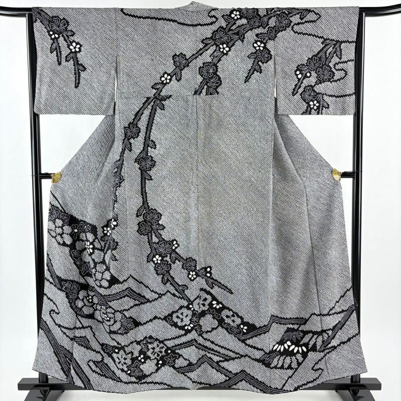 訪問着 身丈157.5cm 裄丈64.5cm M 袷 草花 波 総絞り 黒灰 正絹 秀品