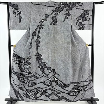 訪問着 身丈157.5cm 裄丈64.5cm M 袷 草花 波 総絞り 黒灰 正絹 秀品