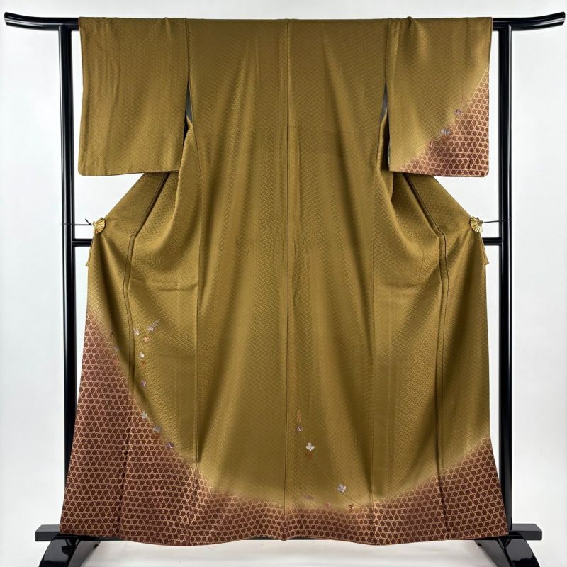 美品】 付下げ 身丈160cm 裄丈61.5cm S 袷 萩 蝶 刺繍 銀糸 茶緑色