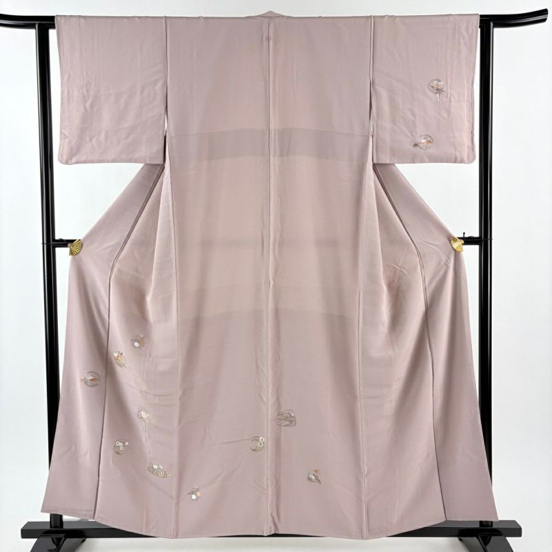 付下げ 身丈156.5cm 裄丈62cm S 袷 草花 ヱ霞 刺繍 金銀糸 灰紫 正絹