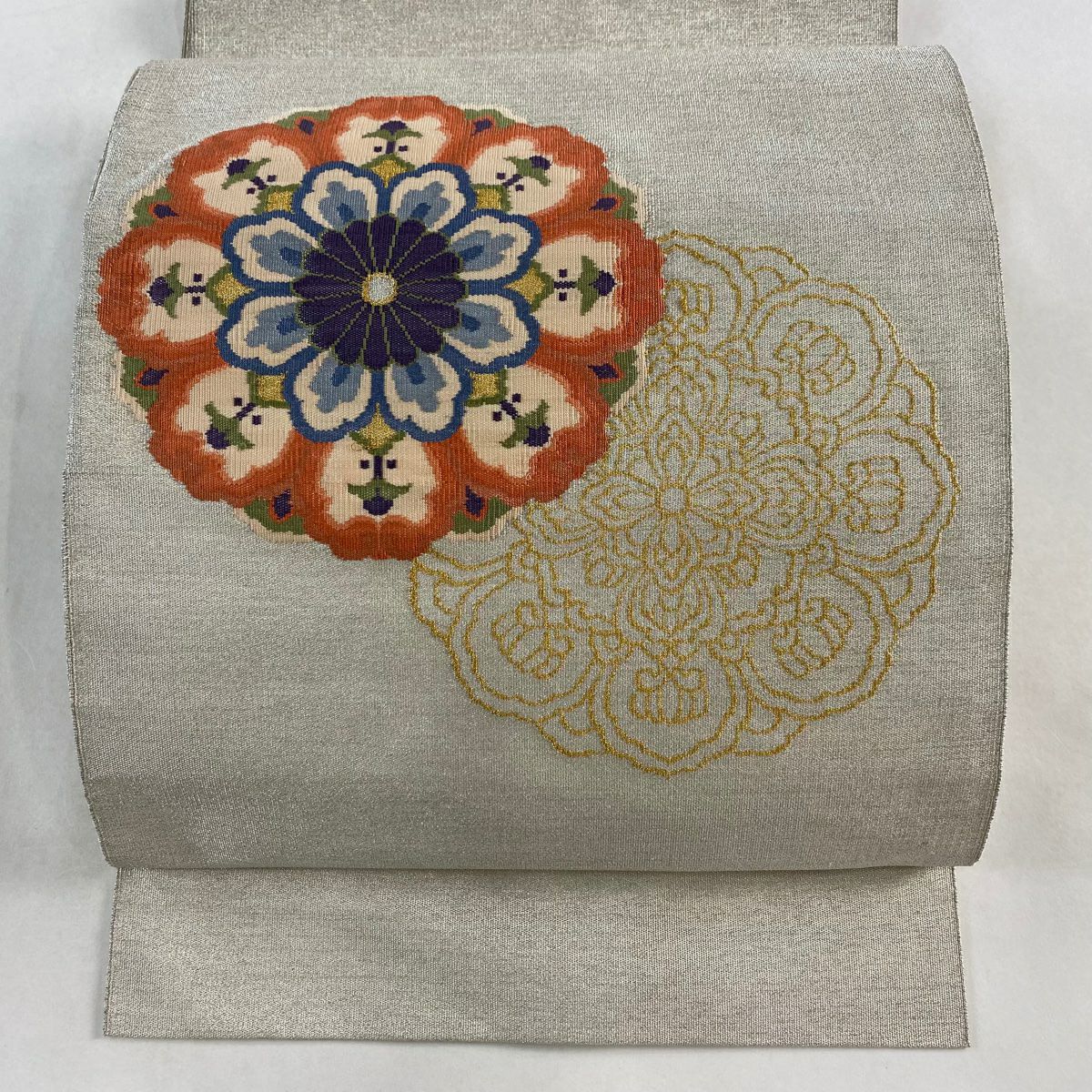 開き名古屋帯 秀品 夏帯 丸 幾何学模様 金糸 箔 青灰色 正絹