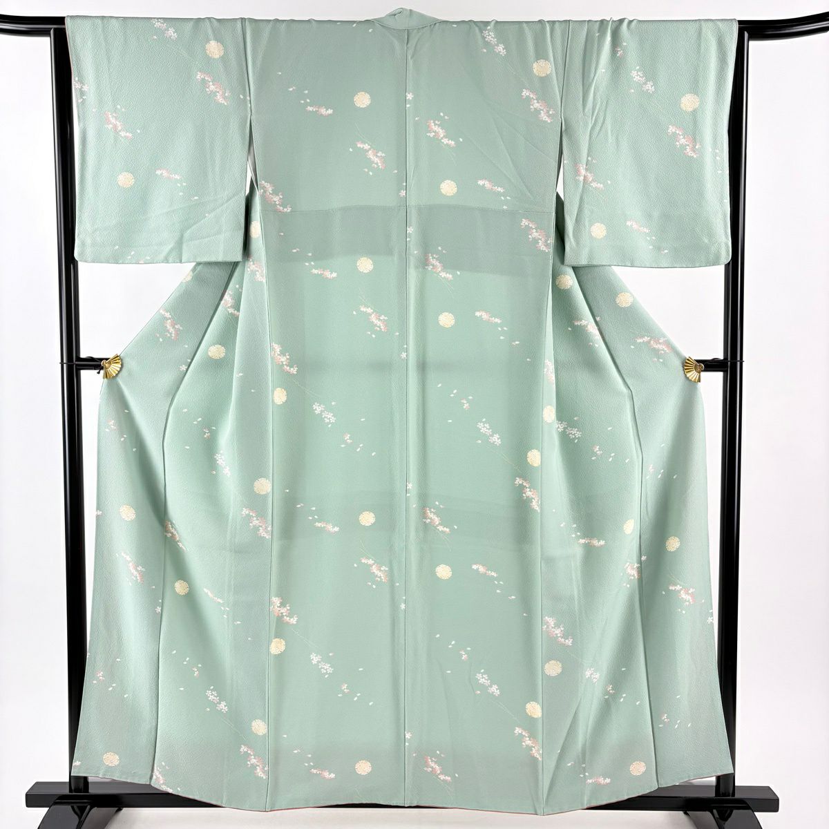 美品】 小紋 身丈166.5cm 裄丈69cm L 袷 洗える着物 牡丹 桜 墨色 化繊