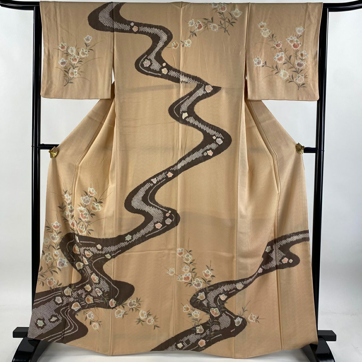 美品】 訪問着 身丈170cm 裄丈68cm L 袷 菊 枝花 ぼかし 薄オレンジ