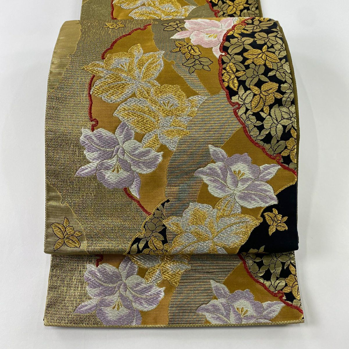 70%OFF 袋帯 美品 秀品 草花 雪輪 唐織 ラメ箔 金色 六通 正絹 K70