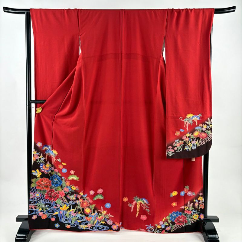 美品】 振袖 身丈164.5cm 裄丈66cm M 袷 落款あり 蝶 松竹梅 染め分け