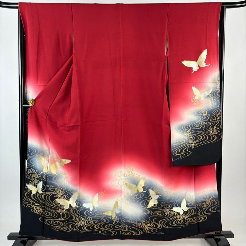 振袖 身丈159cm 裄丈64.5cm M 袷 蝶 流水 金銀彩 ぼかし 赤 正絹 秀品