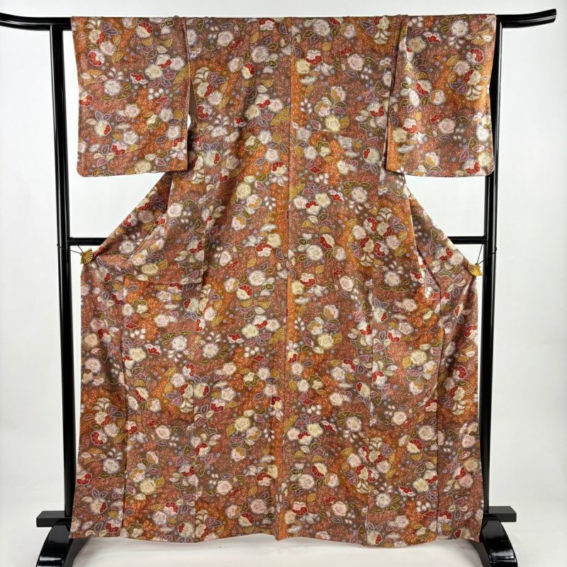 美品】 小紋 身丈165.5cm 裄丈65cm M 袷 辻が花柄 梅 金彩 ぼかし 茶色