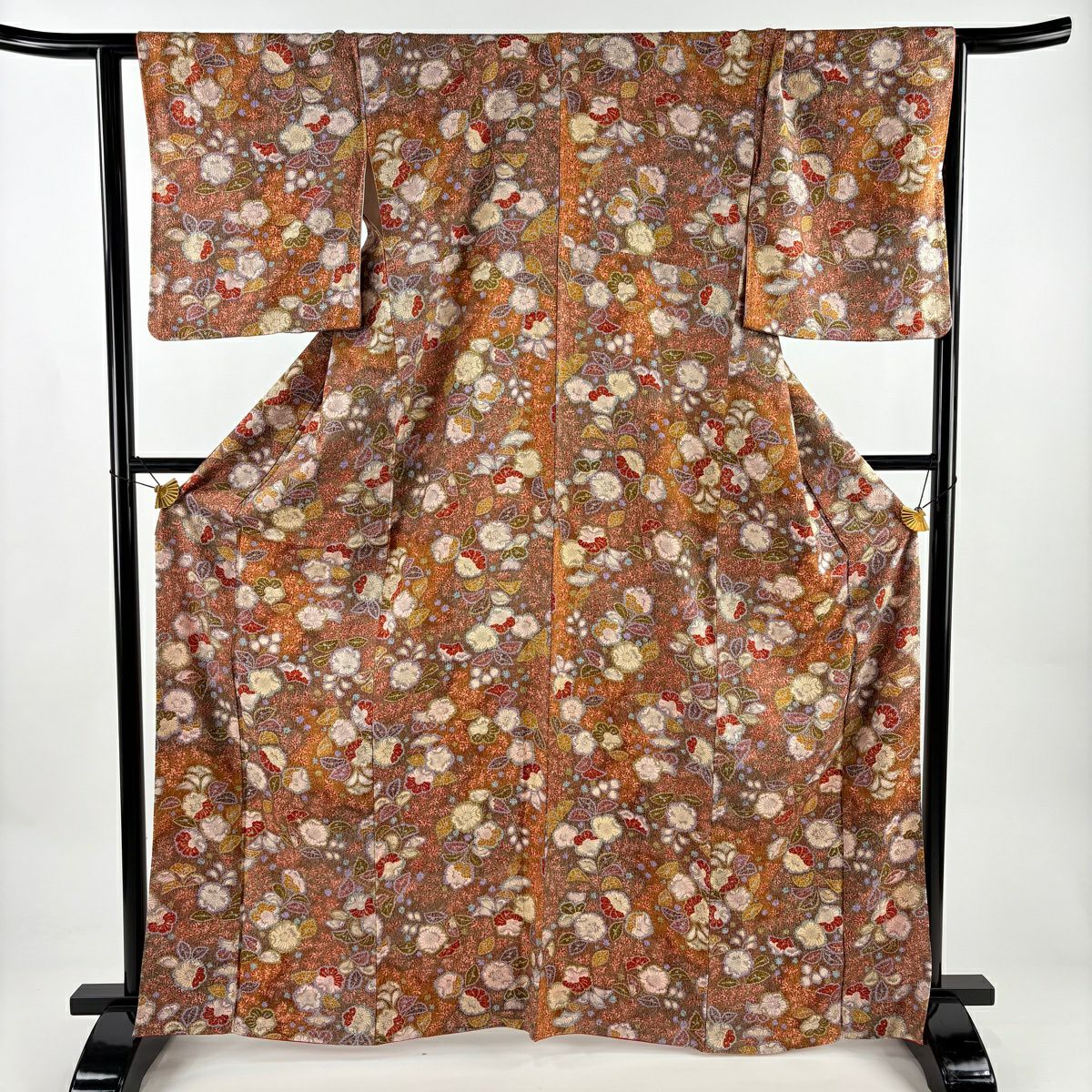美品】 小紋 身丈165.5cm 裄丈65cm M 袷 辻が花柄 梅 金彩 ぼかし 茶色