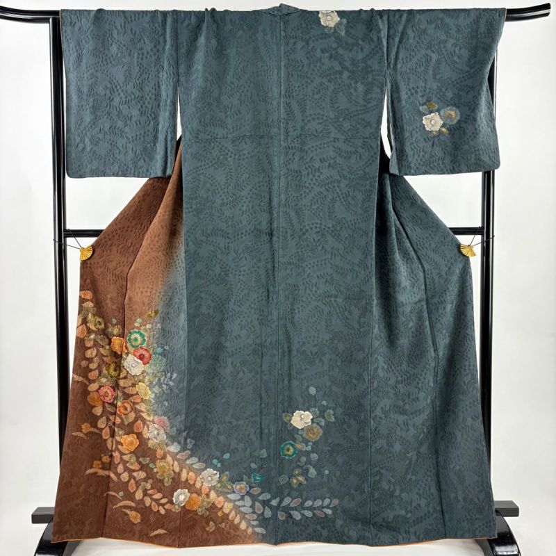 訪問着 身丈166cm 裄丈68cm L 袷 辻が花柄 地紋 ぼかし 染分け 焦茶色