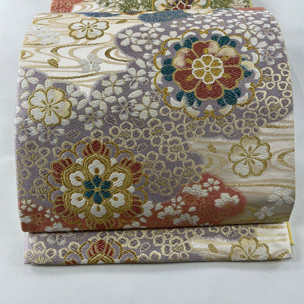 袋帯 美品 秀品 桜 流水 箔 金銀糸 薄紫 六通 正絹|中古・古着 袋帯 美品 秀品 桜 流水 箔 金銀糸 薄紫 六通 正絹|中古・古着
