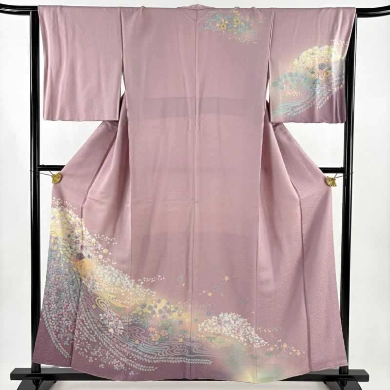 訪問着 身丈157.5cm 裄丈64.5cm M 袷 草花 流水 銀通し ぼかし 薄紫