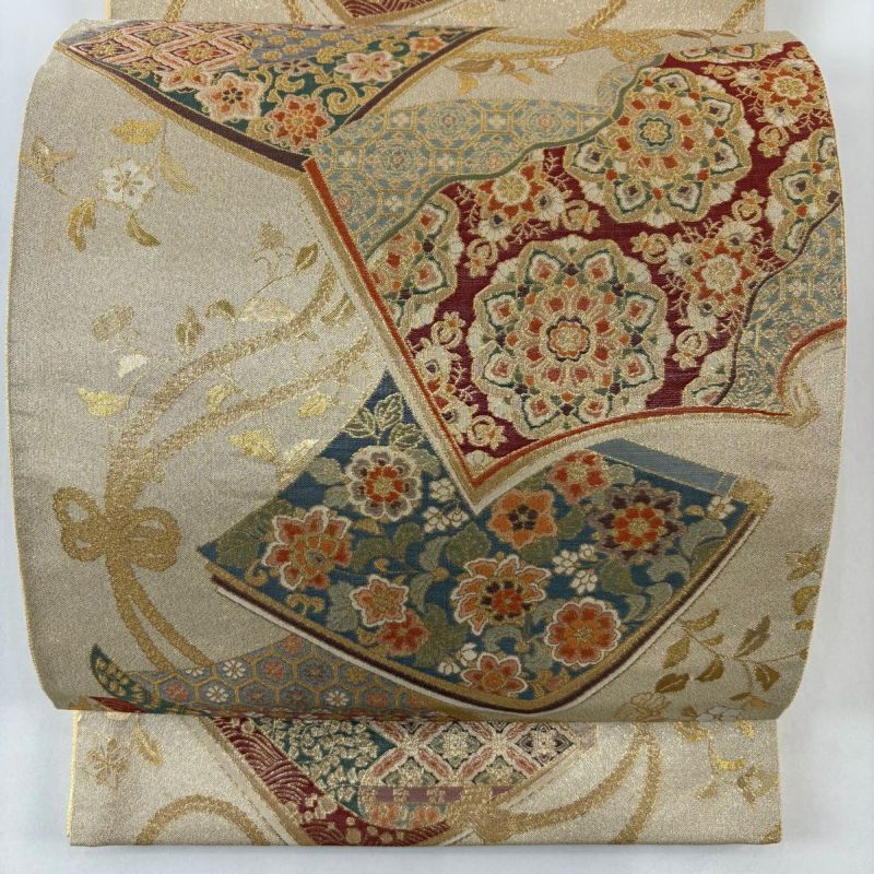 袋帯 名品 落款あり 瑞金華文 箔 金糸 ベージュ 六通 正絹｜中古・古着