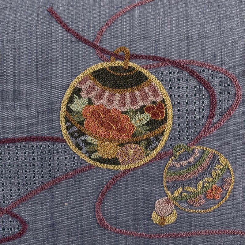 美品】 名古屋帯 秀品 紬地 鈴 相良刺繍 金糸 灰紫 正絹｜中古・古着