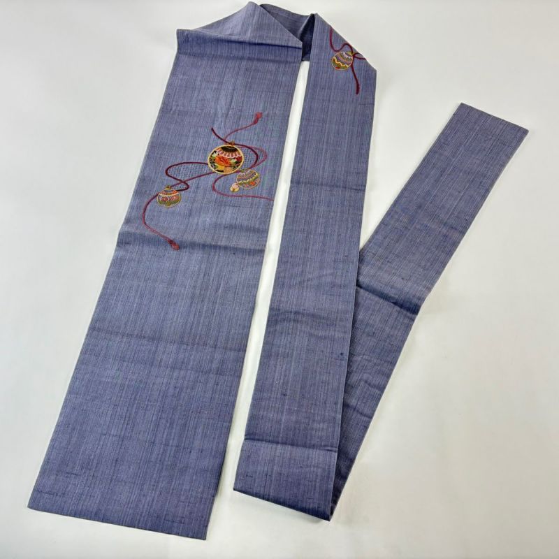 美品】 名古屋帯 秀品 紬地 鈴 相良刺繍 金糸 灰紫 正絹｜中古・古着