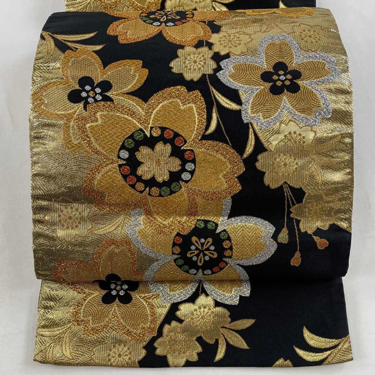 極美品 正絹 袋帯 金箔刺繍 ブラック 絹100% 金銀糸 六通柄袋帯