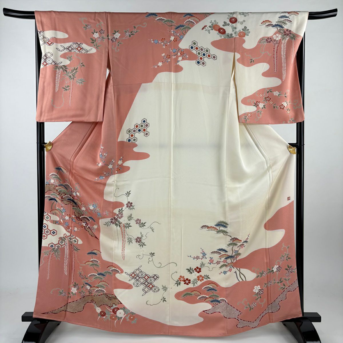 訪問着 身丈162.5cm 裄丈68cm L 袷 鈴乃屋 落款あり 独楽 組紐 銀糸 灰