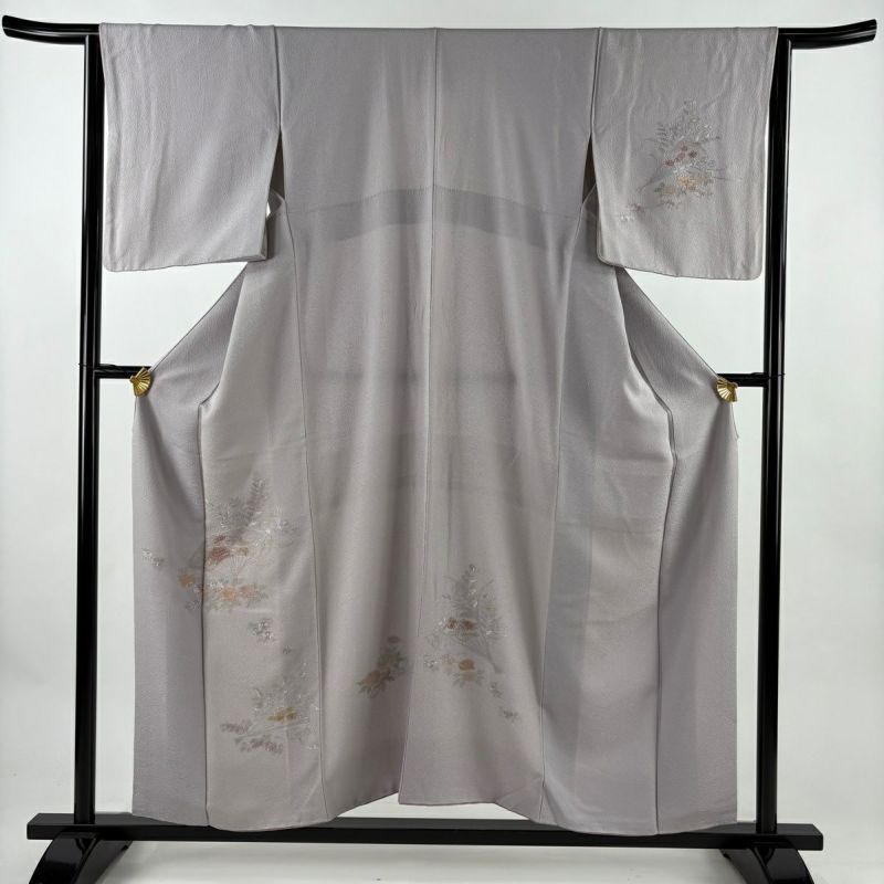 付下げ 身丈156cm 裄丈64cm M 袷 扇 草花 刺繍 金糸 灰紫 正絹 秀品