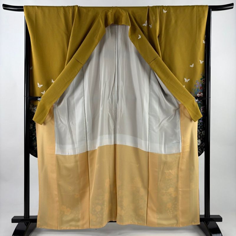 振袖 身丈163cm 裄丈68.5cm L 袷 草花 蝶 金糸 金彩 山吹色 正絹 秀品