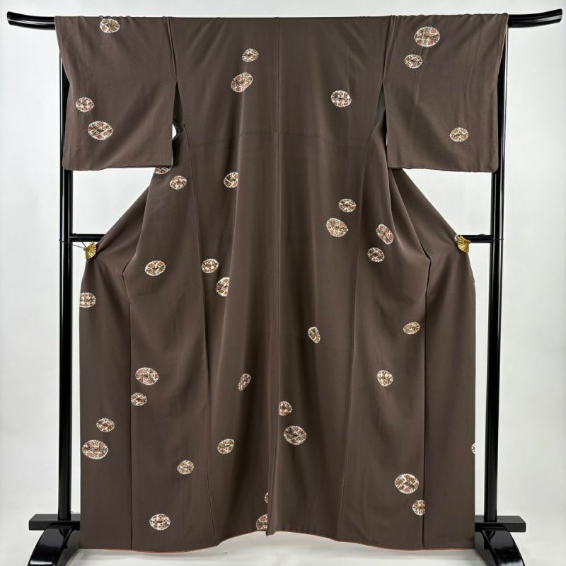 小紋 身丈162cm 裄丈68cm L 袷 幾何学 金彩 絞り 茶色 正絹 秀品｜中古