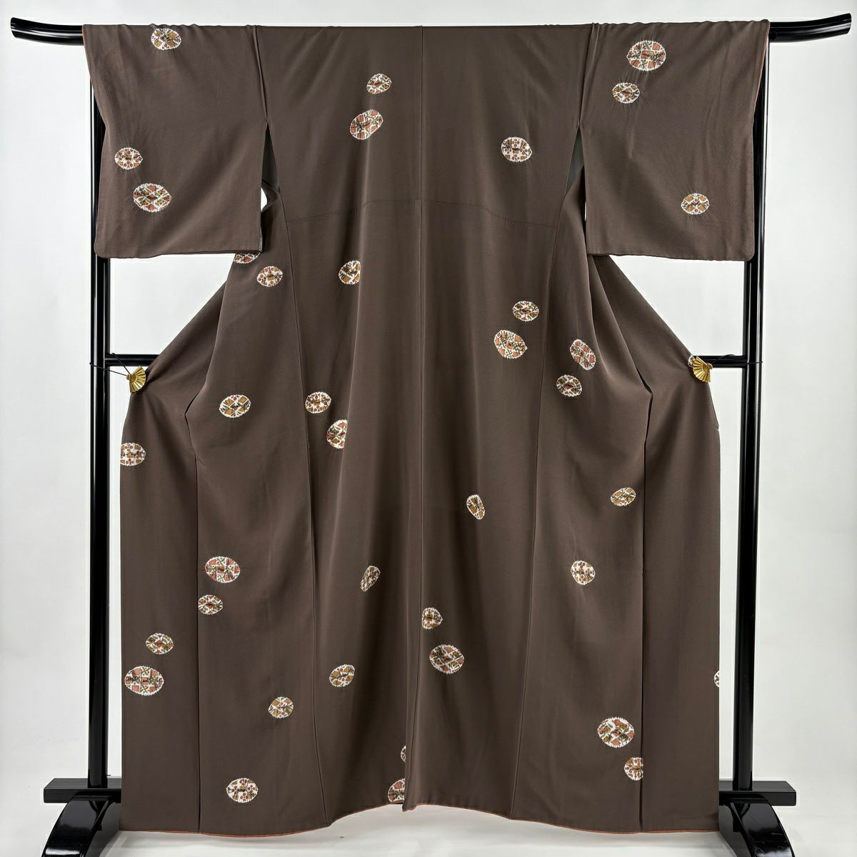 小紋 身丈162cm 裄丈68cm L 袷 幾何学 金彩 絞り 茶色 正絹 秀品｜中古