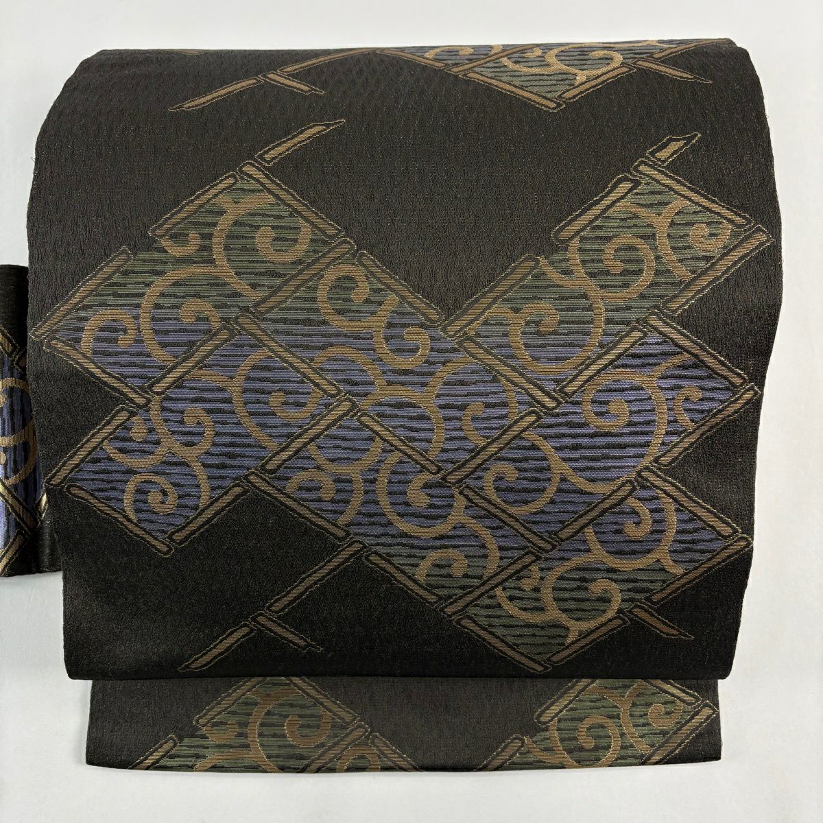 名古屋帯 黒に近い濃紺と茶とベージュ 幾何学模様正絹 楽天市場】【10％オフ！】名古屋帯 黒 博多 八寸名古屋帯 正絹 協和織