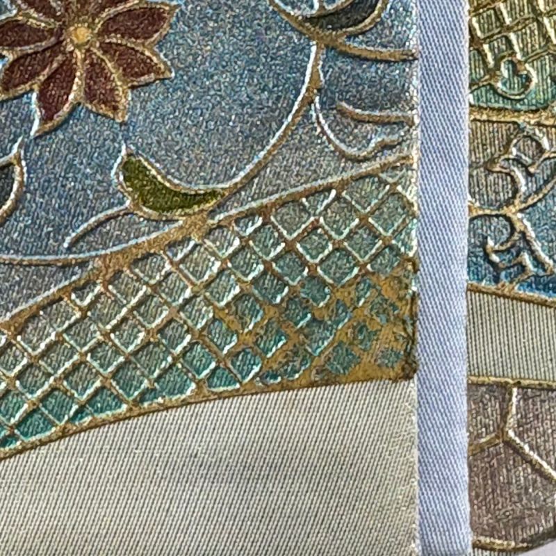 袋帯 秀品 華文 花唐草 螺鈿 金銀彩 薄緑 お太鼓柄 正絹|中古・古着 袋帯 秀品 華文 花唐草 螺鈿 金銀彩 薄緑 お太鼓柄 正絹|中古・古着