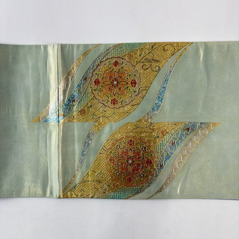 袋帯 秀品 華文 花唐草 螺鈿 金銀彩 薄緑 お太鼓柄 正絹｜中古・古着