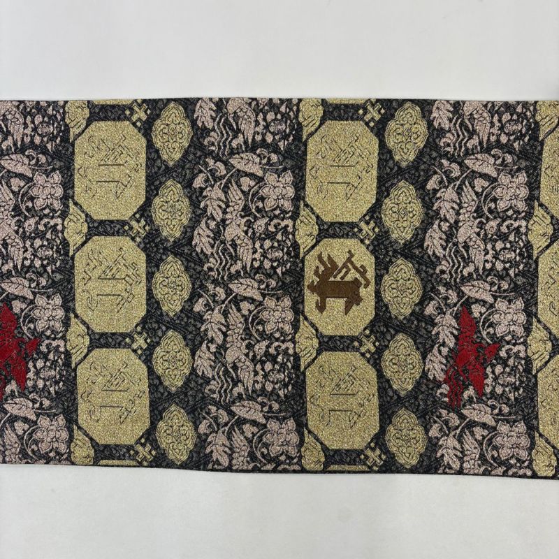 美品】 袋帯 秀品 花鳥 華文 箔 墨色 六通 正絹｜中古・古着