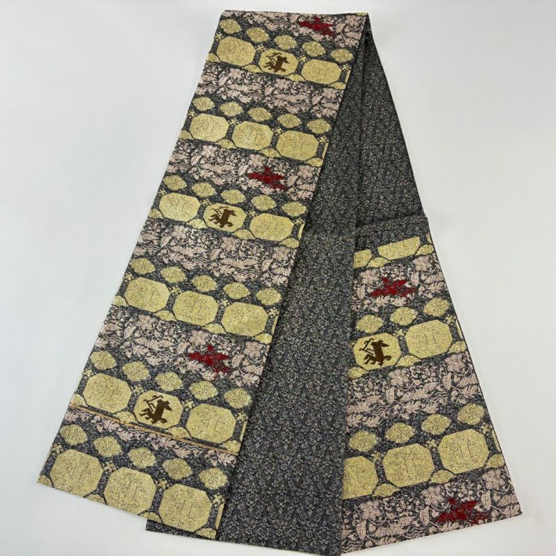 美品】 袋帯 秀品 花鳥 華文 箔 墨色 六通 正絹｜中古・古着