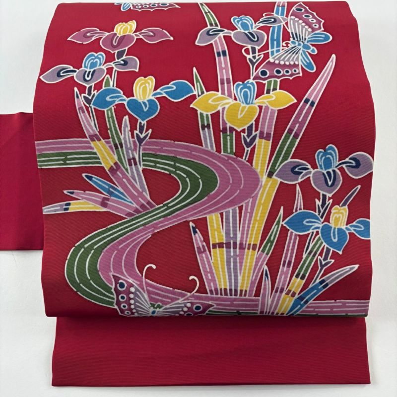 名古屋帯 秀品 蝶 草花 茜色 正絹｜中古・古着・リサイクル着物通販