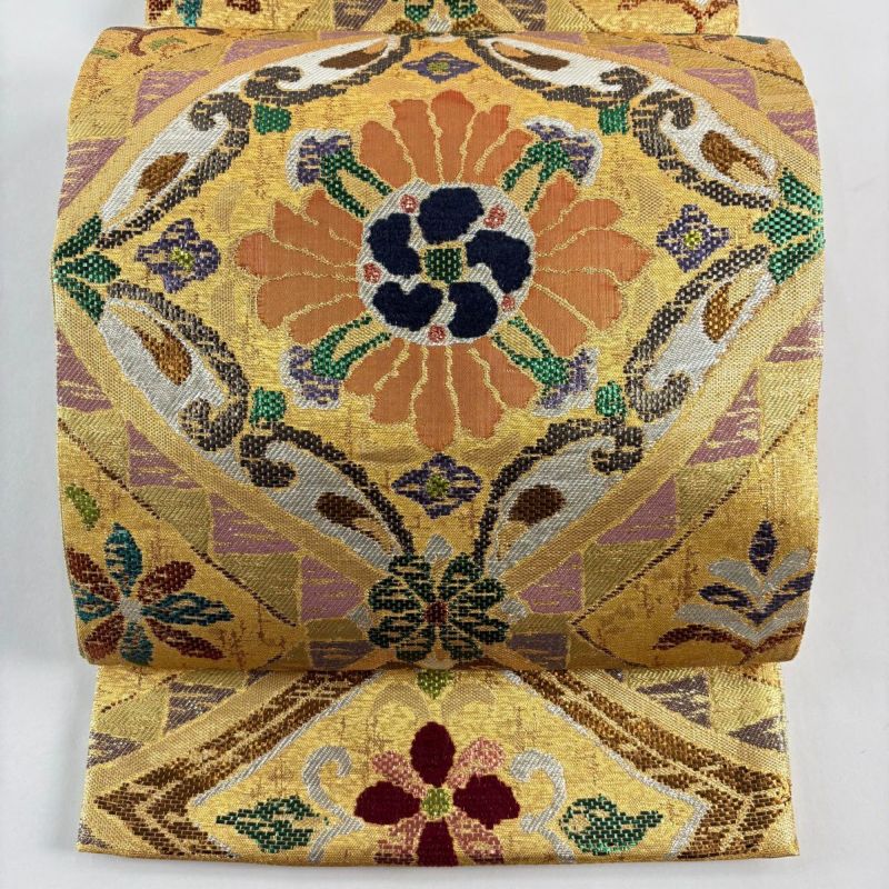 美品】 袋帯 秀品 落款あり 花 幾何学模様 箔 金色 六通 正絹｜中古
