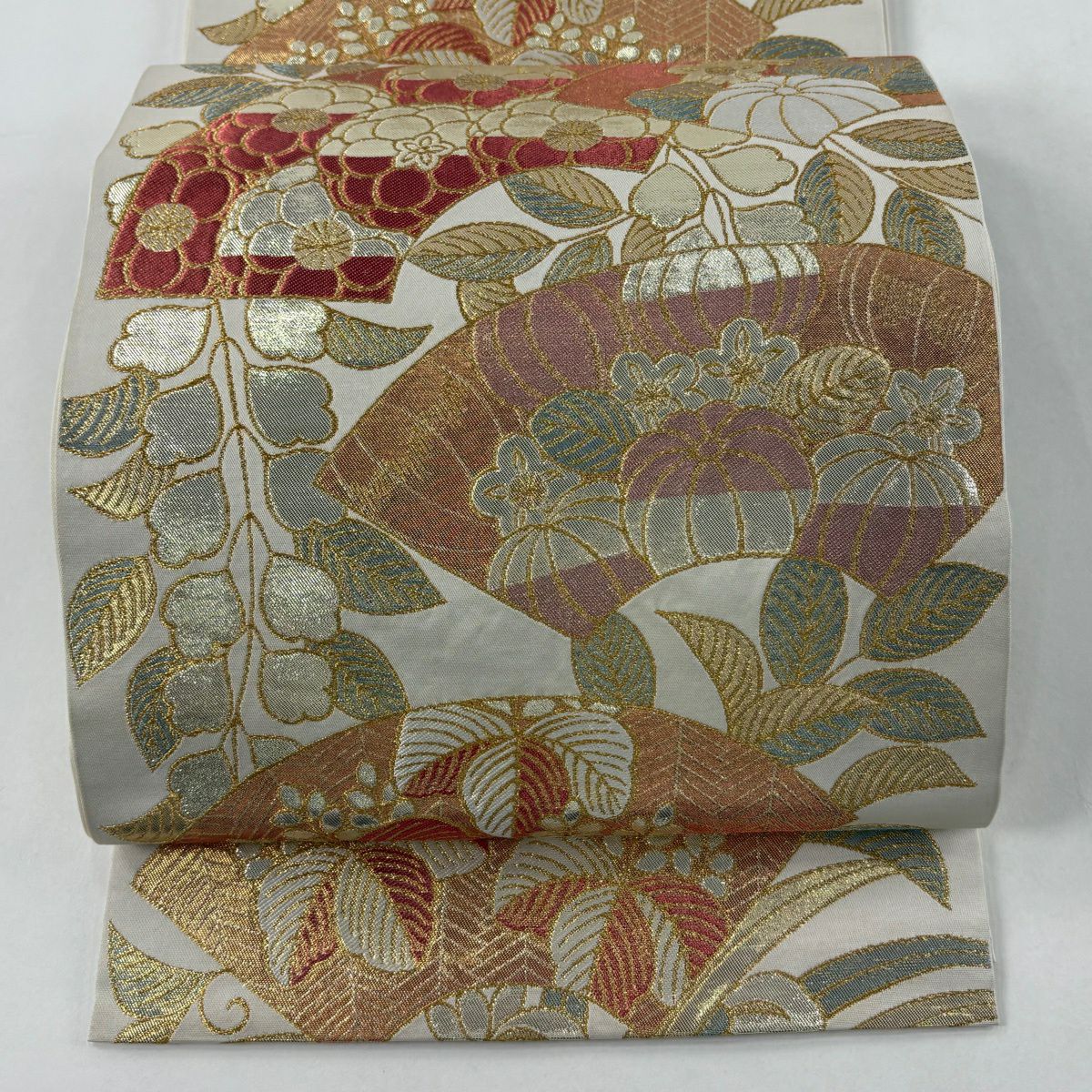 袋帯 逸品 川島織物 落款あり 花鳥 松 金糸 箔 ベージュ 六通 正絹