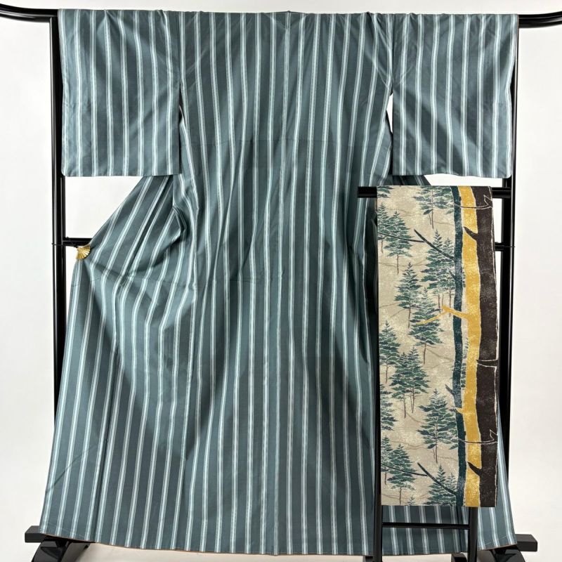 美品】 紬 身丈162cm 裄丈67cm M 袷 名古屋帯セット 縦縞 水色 正絹 秀