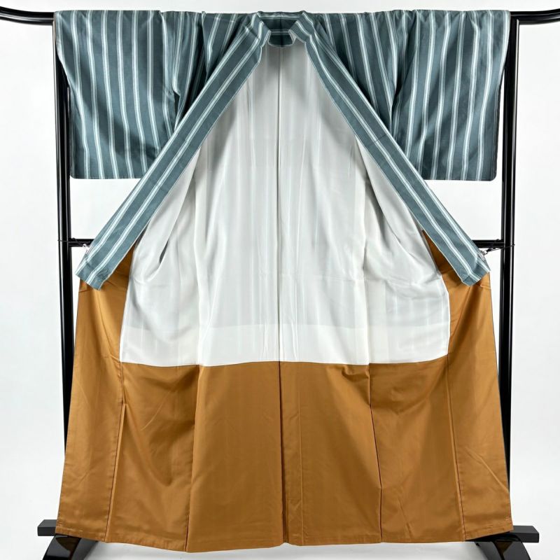 美品】 紬 身丈162cm 裄丈67cm M 袷 名古屋帯セット 縦縞 水色 正絹 秀