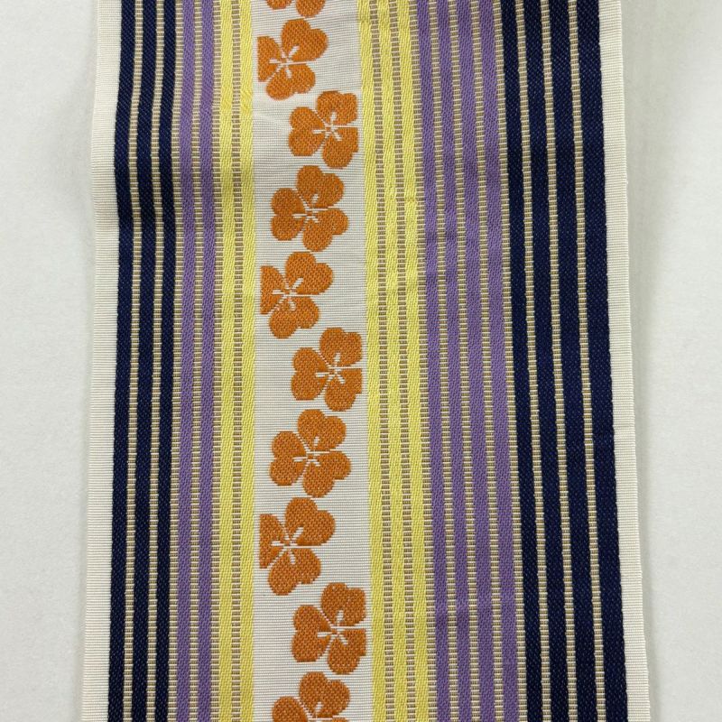 半幅帯 名品 証紙あり 本場筑前博多織 カタバミ 縞 灰白 正絹｜中古