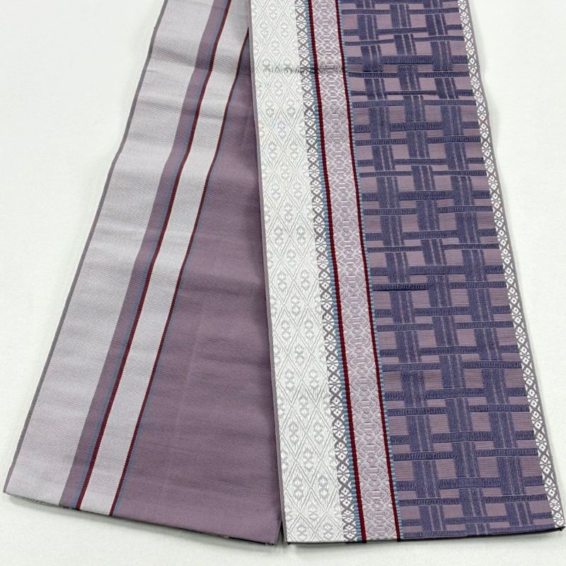 美品】半幅帯 名品 証紙あり 幾何学模様 献上柄 本場筑前博多織 薄紫