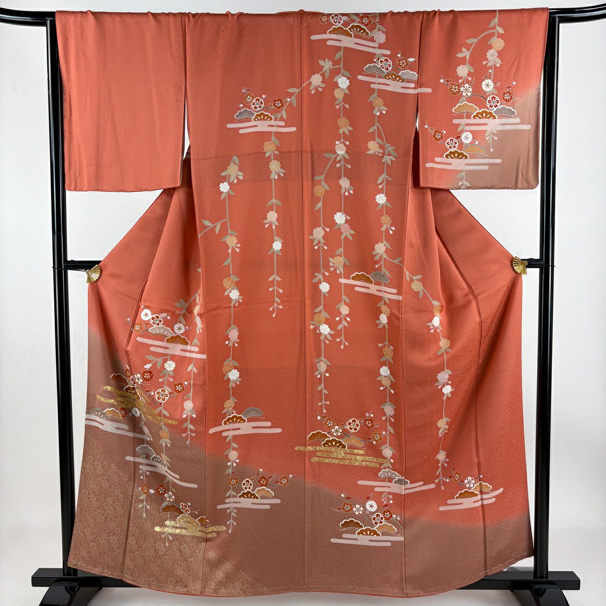 訪問着 身丈161cm 裄丈68cm L 袷 秋草 霞 金彩 ぼかし 赤茶 正絹 秀品