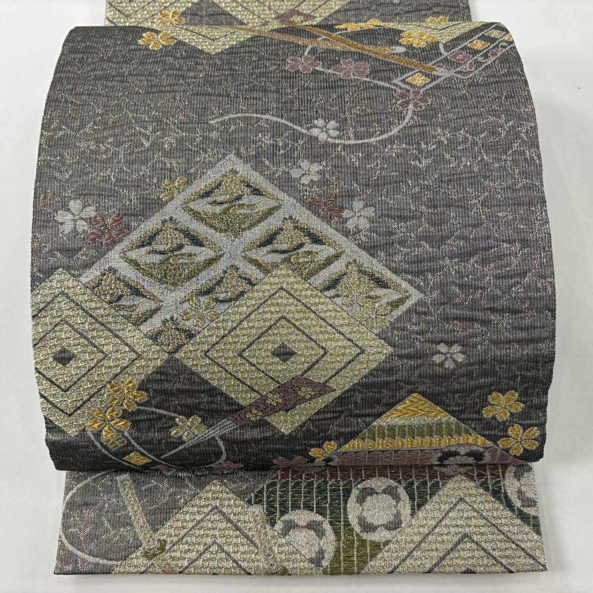 袋帯 美品 逸品 やまと 菊 桜 銀糸 灰色 六通 正絹｜中古・古着