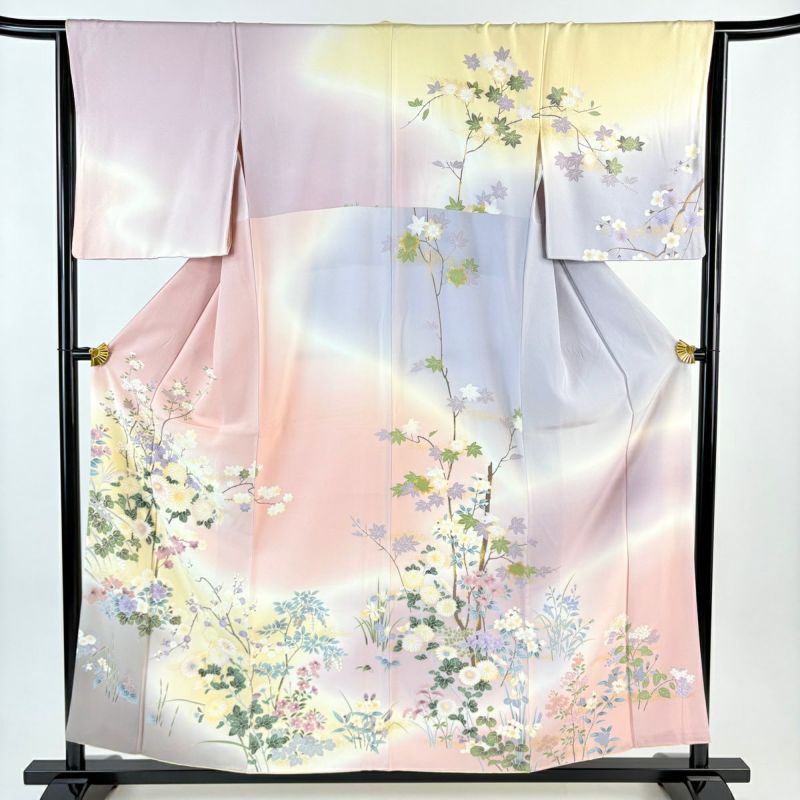 訪問着 身丈156.5cm 裄丈63cm S 袷 菊 枝花 金彩 ぼかし ピンク 正絹