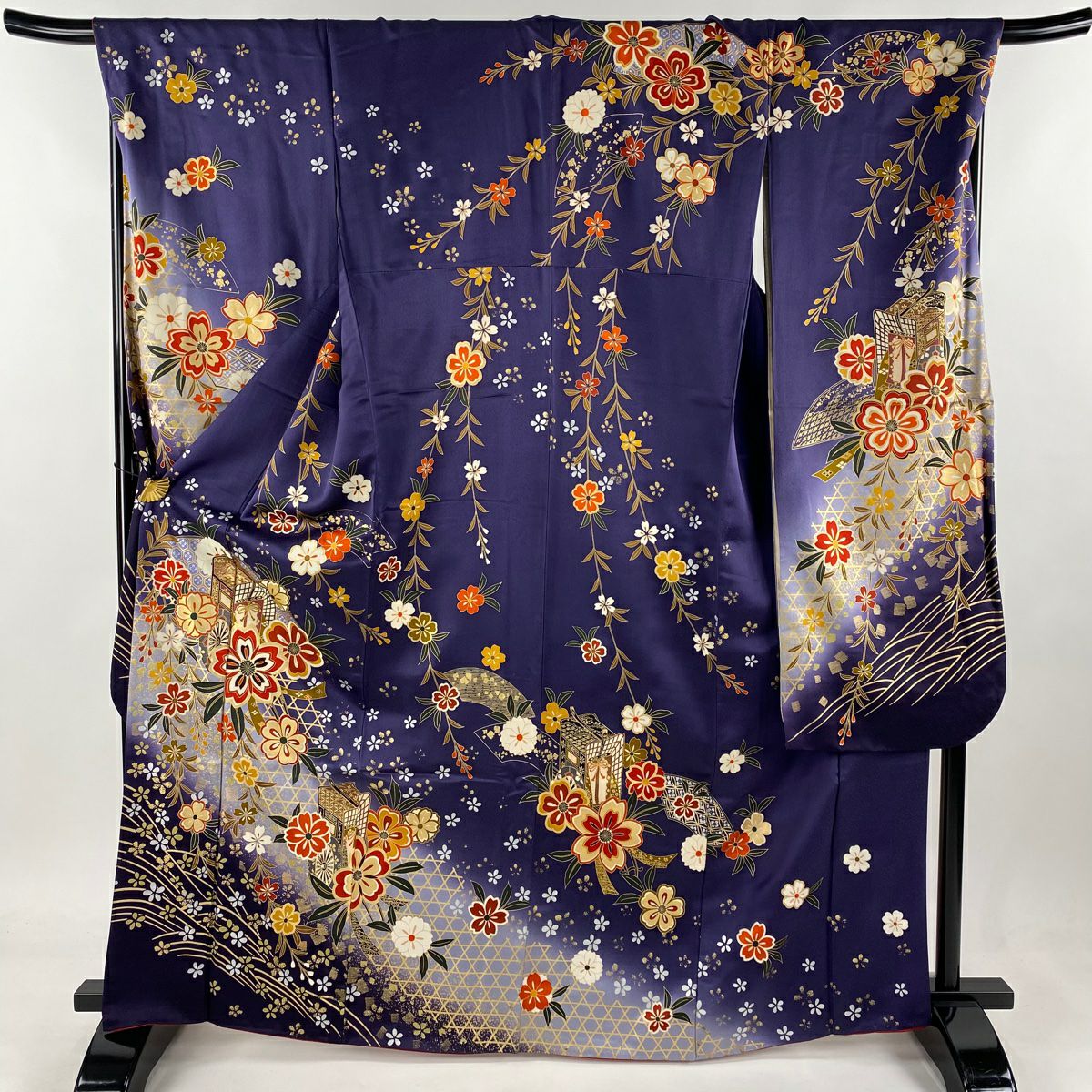 振袖 身丈161cm 裄丈67cm M 袷 松竹梅 霞 金彩 濃紫 正絹 秀品