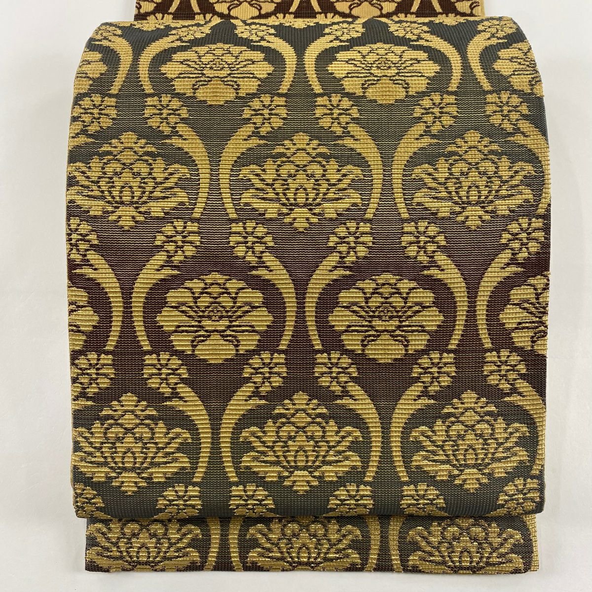 袋帯 美品 名品 落款あり 花 段縞 金糸 黒灰 六通 正絹｜中古・古着