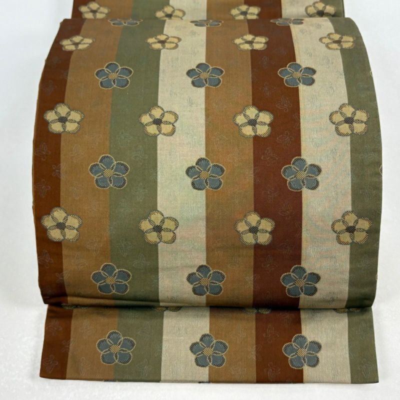 袋名古屋帯 優品 縞 花 茶色 正絹｜中古・古着・リサイクル着物通販