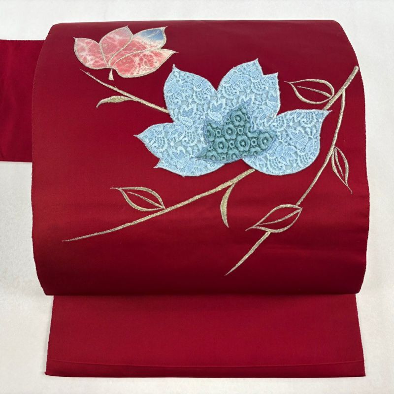 秋セール【美品、希少アンティーク名古屋帯】芍薬や紅葉など手刺繍の草花の逸品 秋セール【美品、希少アンティーク名古屋帯】芍薬や紅葉など手刺繍の草花