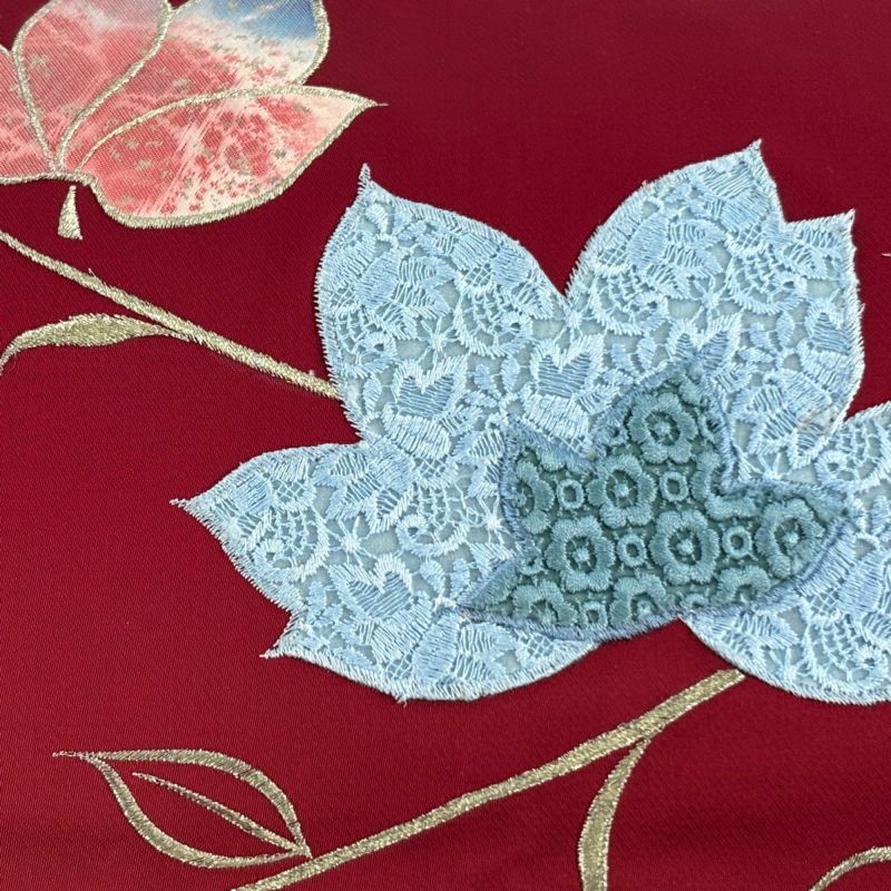 美品】 名古屋帯 優品 関西仕立て 枝花 金糸 刺繍 赤 正絹｜中古・古着