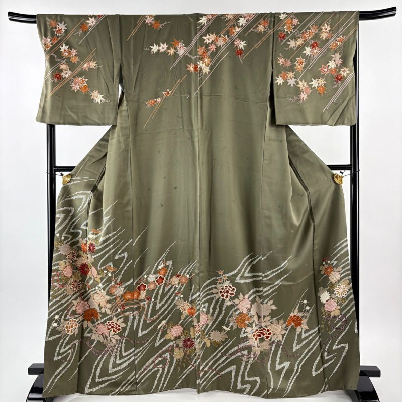 訪問着 身丈167.5cm 裄丈70cm L 袷 菊 牡丹 刺繍 金彩 茶緑色 正絹 秀
