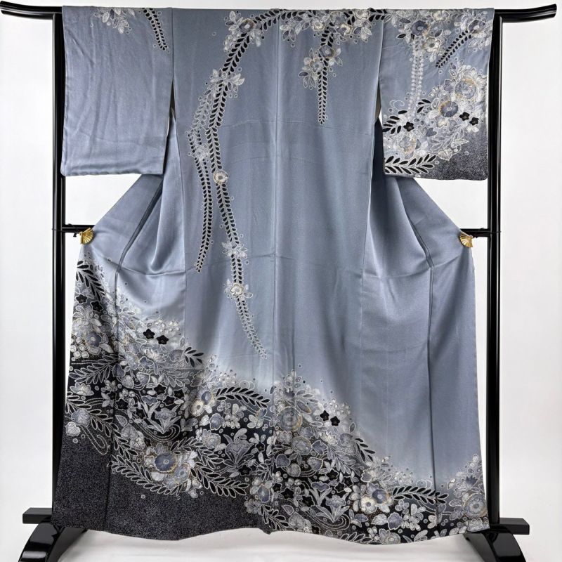 訪問着 身丈161.5cm 裄丈65cm M 袷 辻が花柄 草花 金彩 ぼかし 青灰色